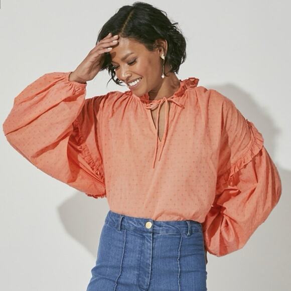 CLEOBELLA Phoenix Top Oversized Small Coral Boho Organic Cotton Ruffle Peasant - Picture 1 of 10